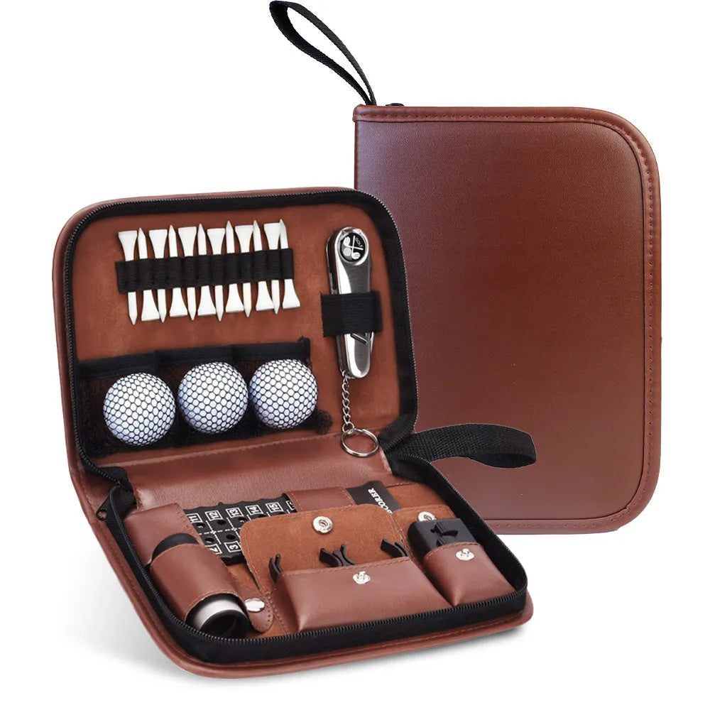Brown leather golf storage bag with large capacity for clubs and accessories