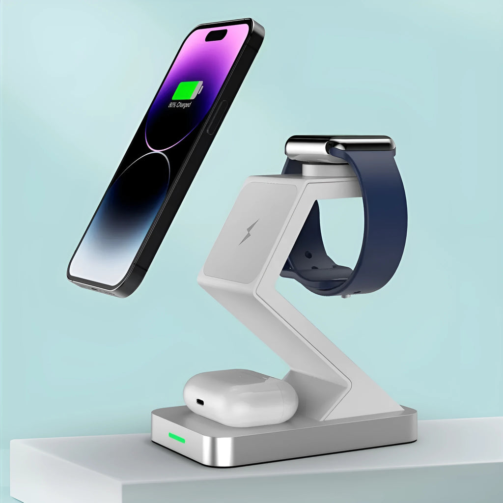Three-in-one magnetic wireless charger phone holder in black with phone, watch and earbuds on a desktop