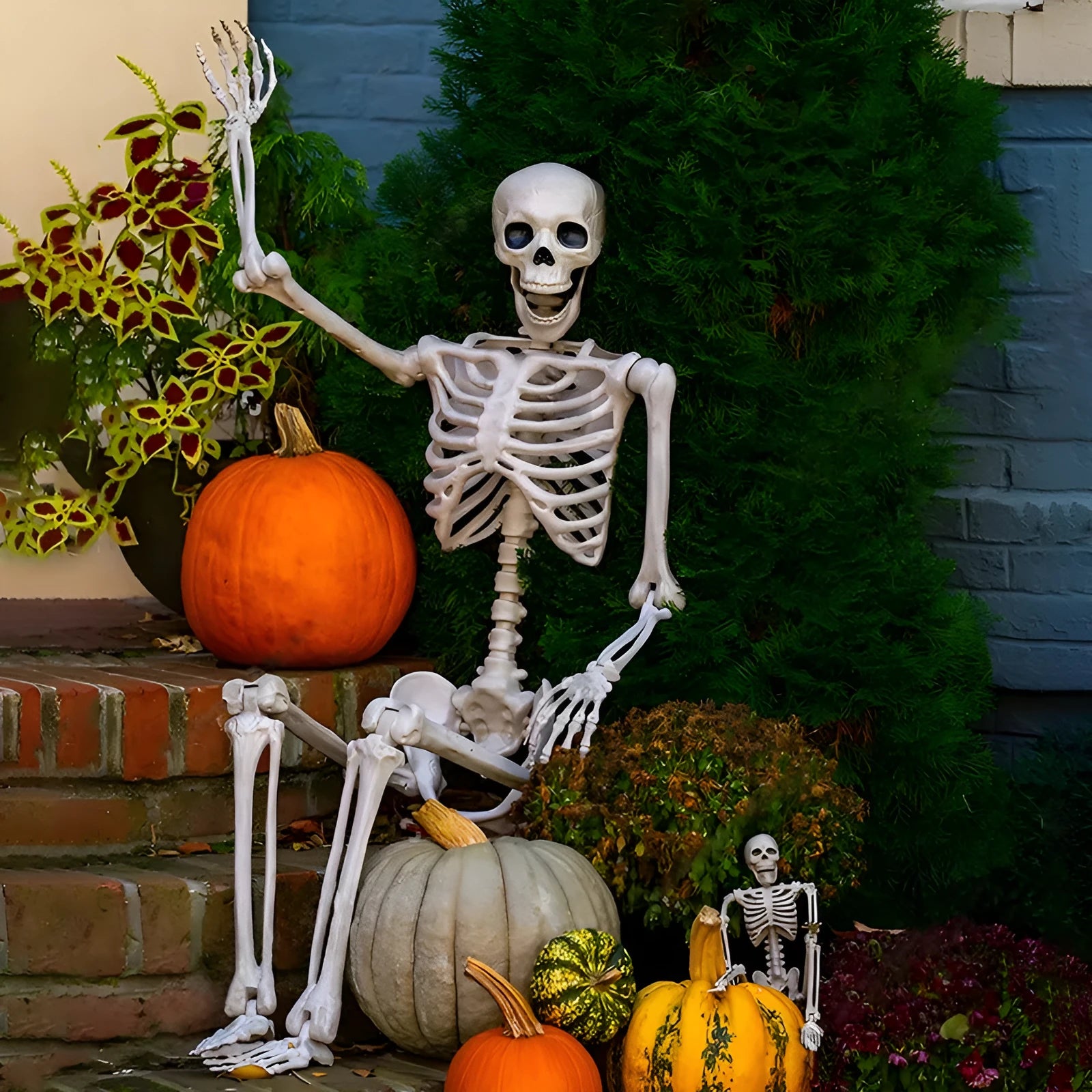 90cm tall movable joint plastic skeleton Halloween decoration prop posed outdoors.