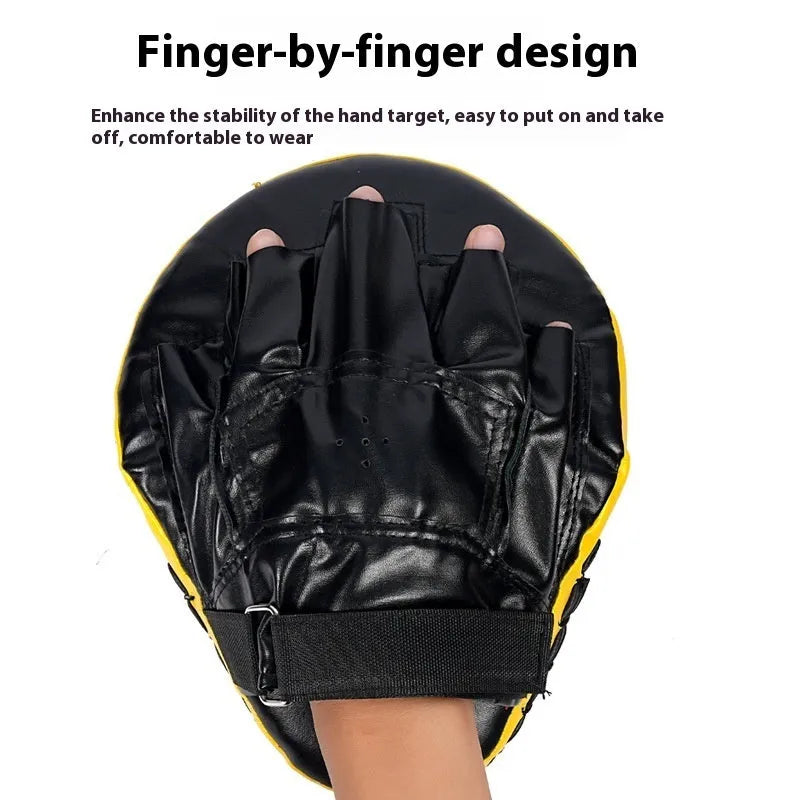 Set of PU punch mitts for boxing and Muay Thai training in curved, flat, and arc-shaped styles.