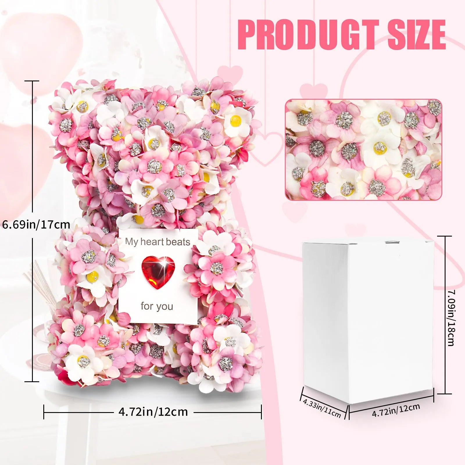 Pink artificial rose bear handmade from polyester and foam, 17 cm tall, displayed as Valentine's ornament