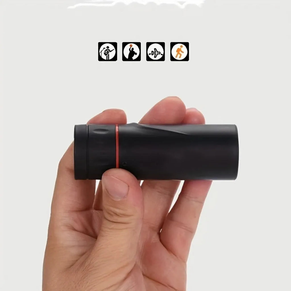 Black monocular telescope with rubber exterior and mobile phone holder attachment for outdoor use