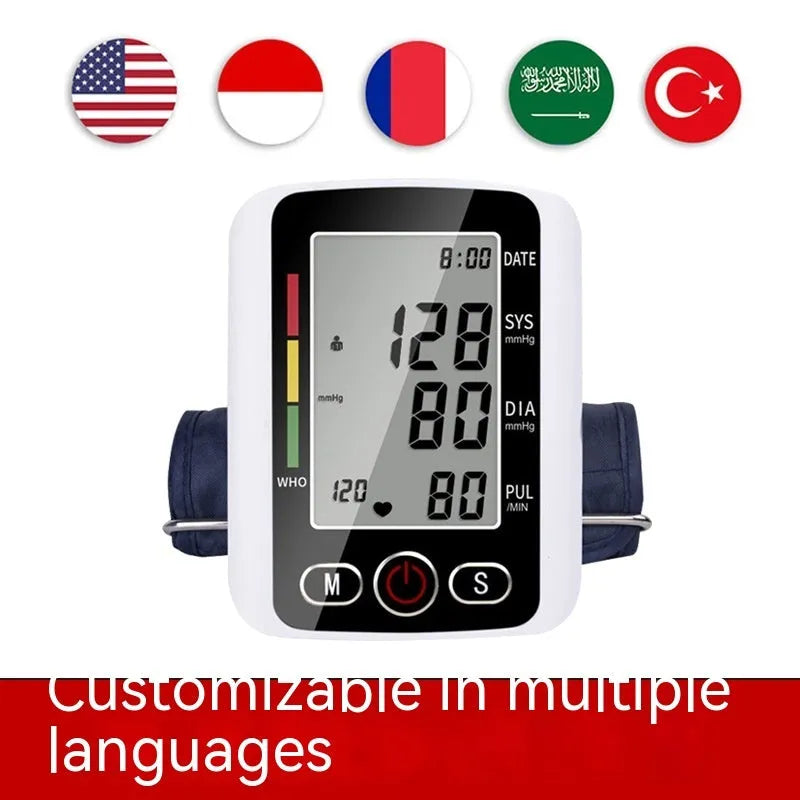 Automatic electronic arm sphygmomanometer with large screen display on a table