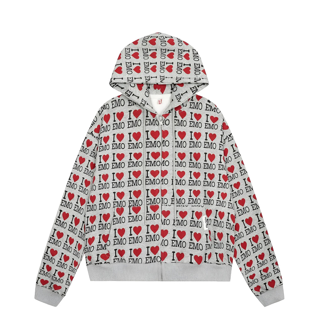 Women's melange grey hooded cardigan with a retro pattern and long sleeves.