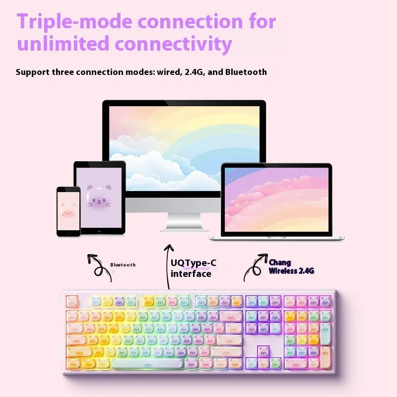 MG108B coloured sugar cat design Bluetooth mechanical keyboard with full 108-key layout.
