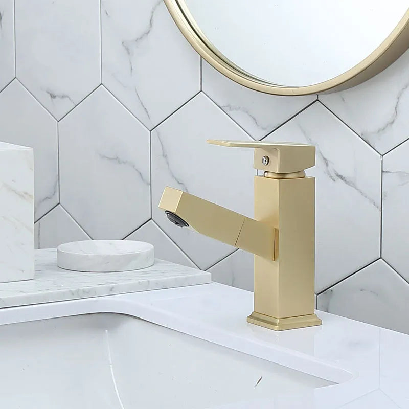 Brass square pull faucet with brushed gold electroplated finish and high low spout options