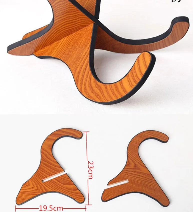 Wooden folding ukulele stand with EVA anti-slip foam holding a ukulele upright