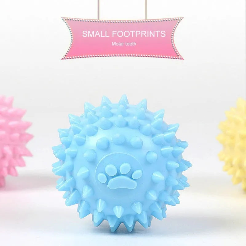6cm blue TPR rubber dog chewing ball with textured footprint design for tooth cleaning