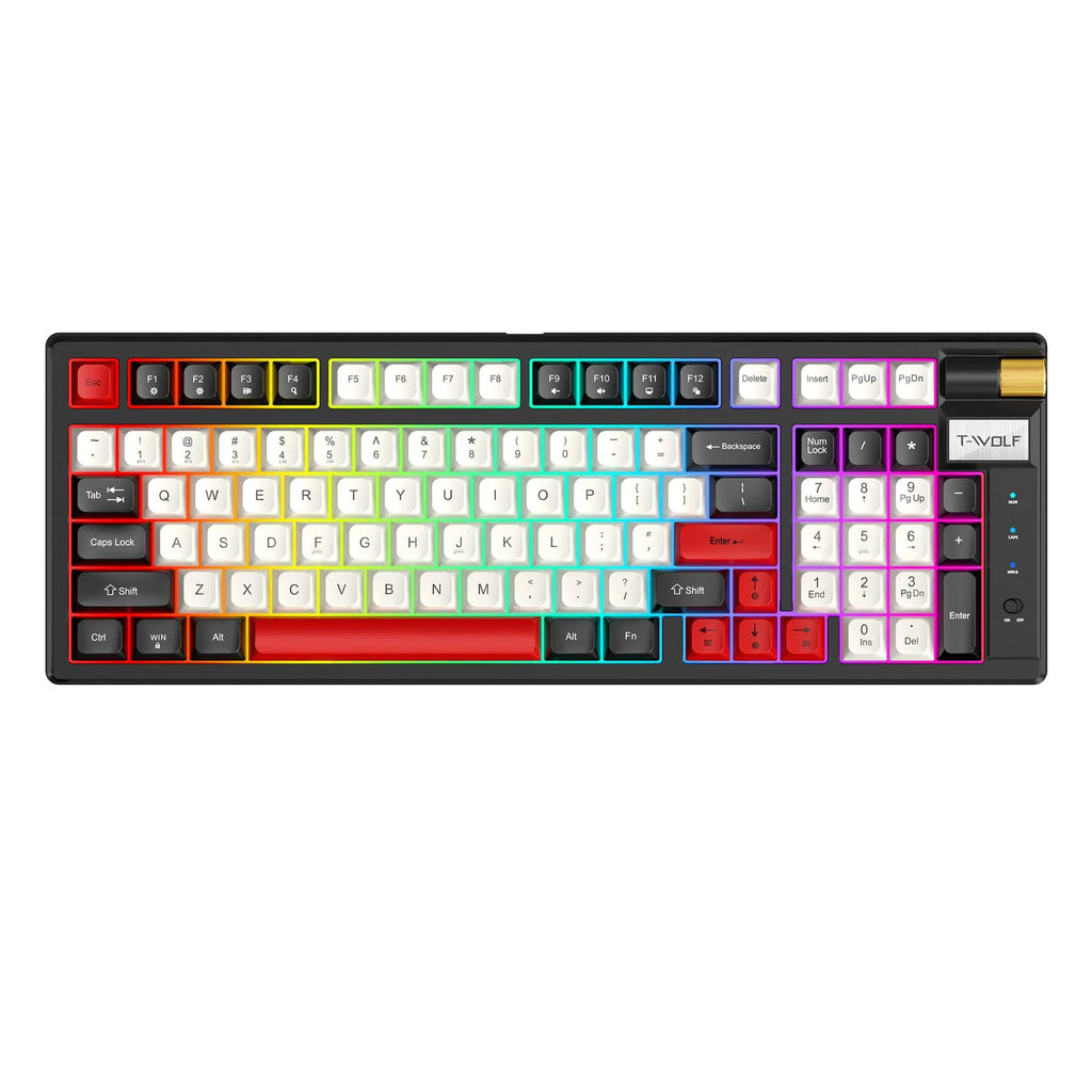 Bluetooth mechanical gaming keyboard with charging cable in Black Red or Blue Orange colours