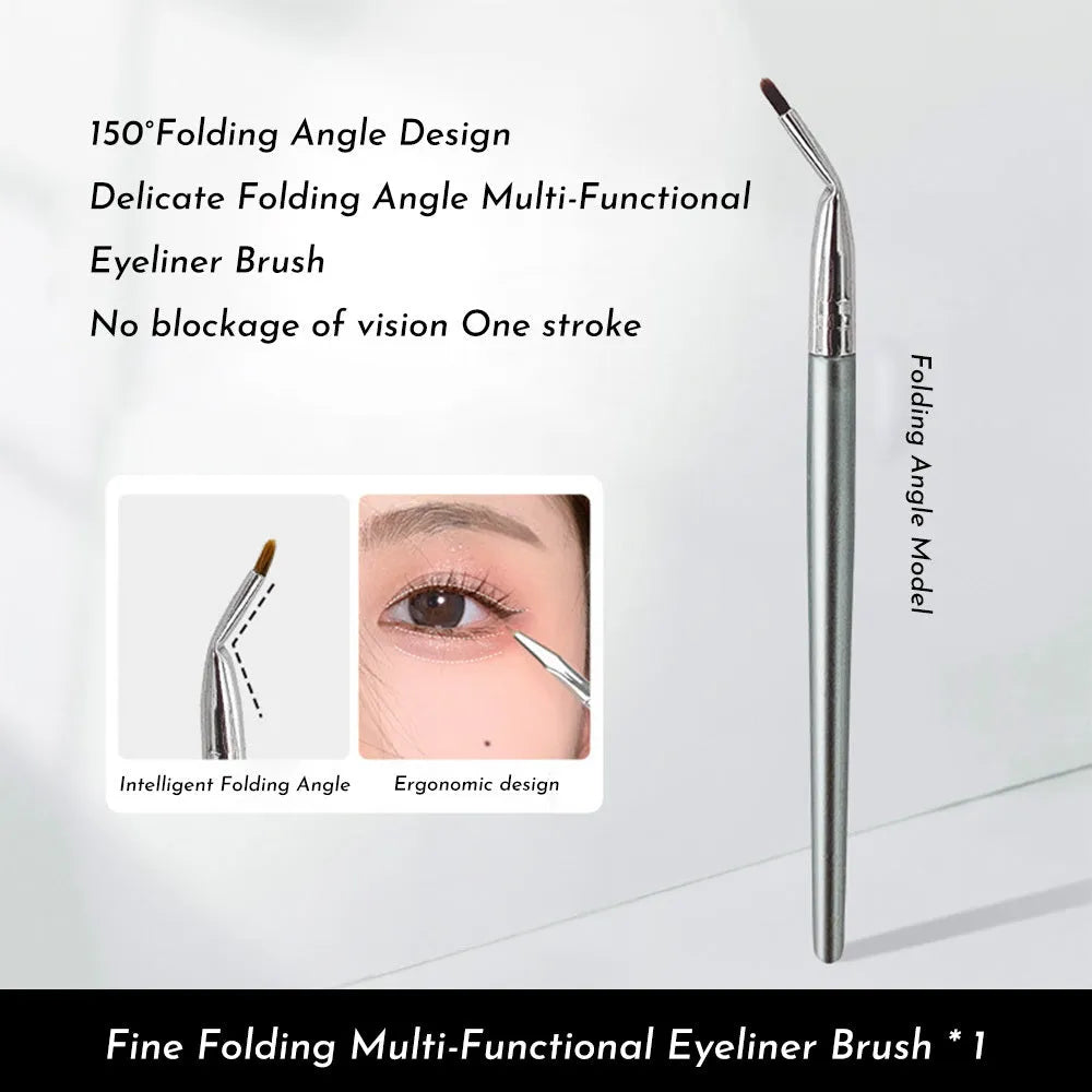 Angled bendable head eyeliner brush with fine tip for detailed under eye concealer and tear trough makeup application.