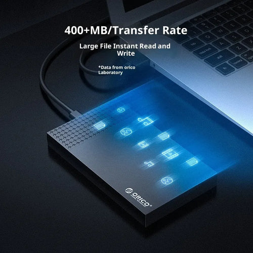 Black ABS plastic 25-inch Type-C hard disk box with cables on a flat surface