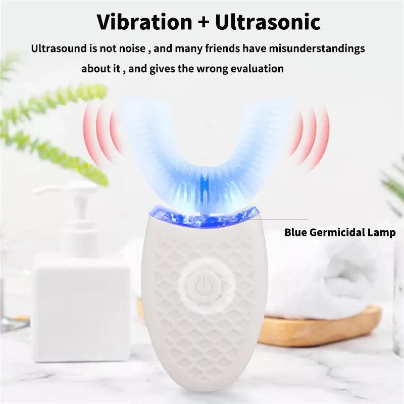 U-shaped electric toothbrush with ABS silicone construction, IPX7 waterproof, and USB rechargeable battery