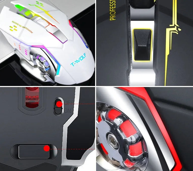 Wireless silent click mouse with 6 programmable keys showing black and white colour options