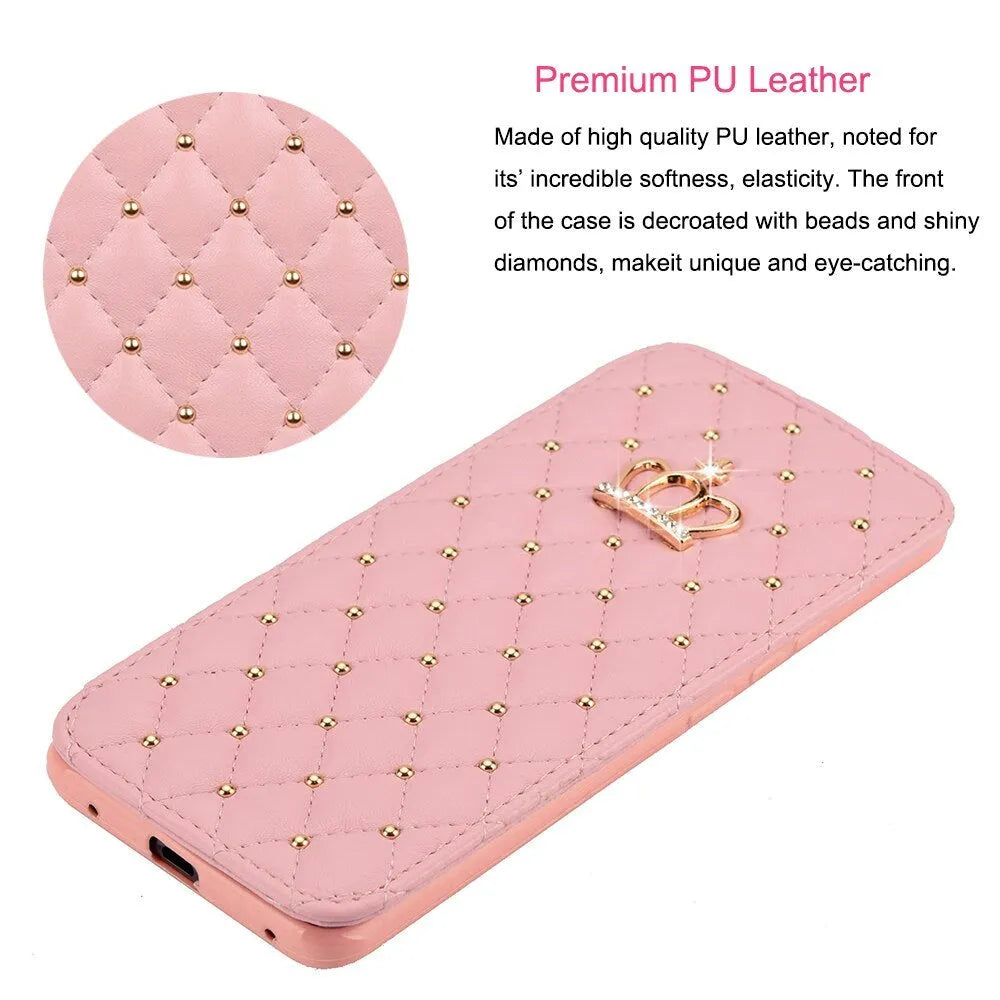 Crown card leather flip case for Samsung in black, pink, white or rose red, with PU outer and TPU inner shell.