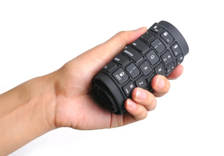 Black foldable silicone Bluetooth keyboard with 108 keys, 360 x 105 x 8 mm, IP67 waterproof, USB charging.