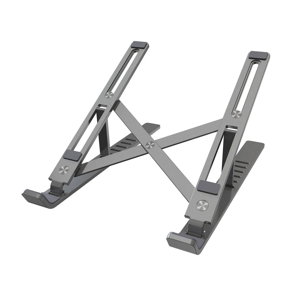 Silver aluminium laptop stand folded flat showing magnetic catch and adjustment gears
