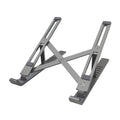 Silver aluminium laptop stand folded flat showing magnetic catch and adjustment gears