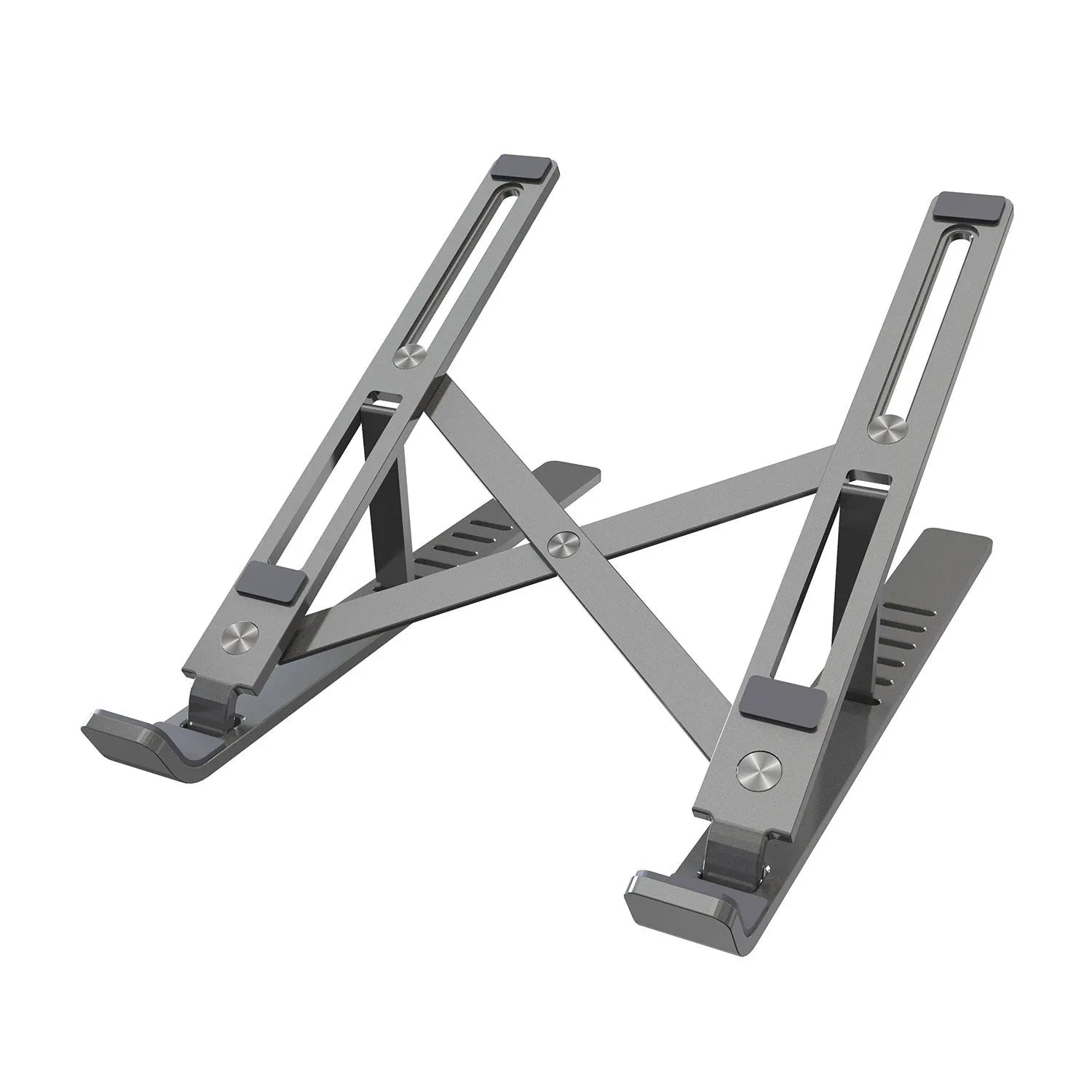 Silver aluminium laptop stand folded flat showing magnetic catch and adjustment gears