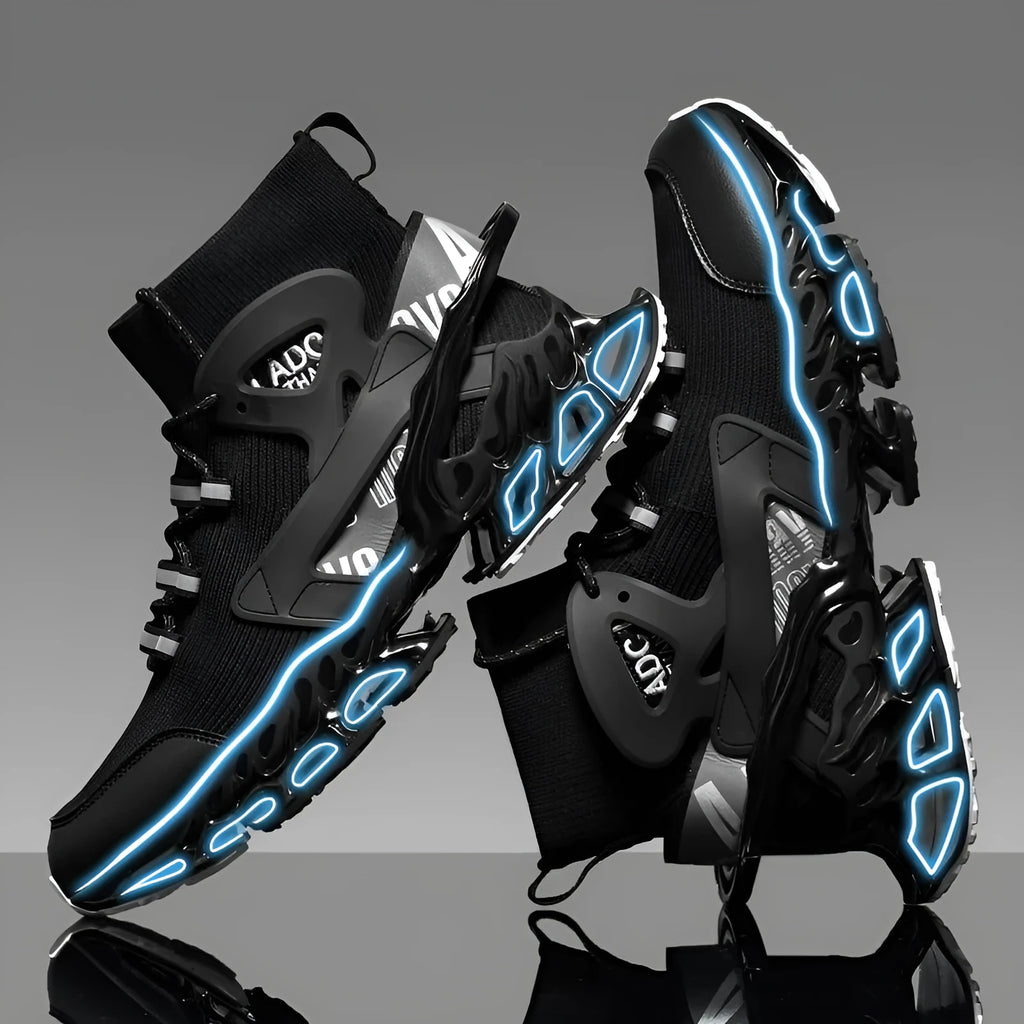 Men's high-top shock-absorbing running mesh sneaker in black with white sole, side view showing mesh upper and shaped heel