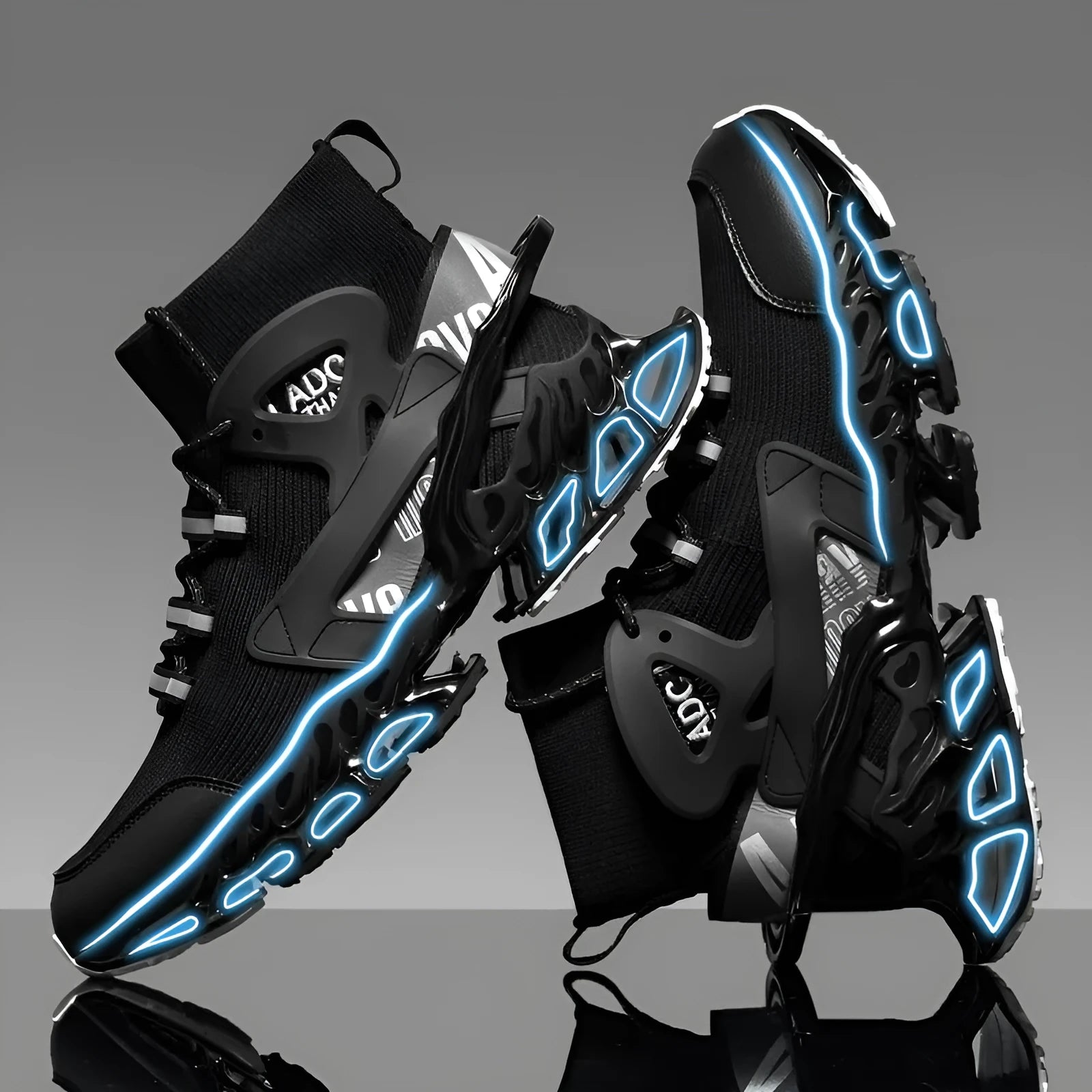Men's high-top shock-absorbing running mesh sneaker in black with white sole, side view showing mesh upper and shaped heel