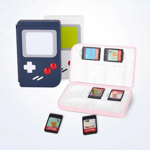 Blue Nintendo SWITCH game card storage box next to game cards.