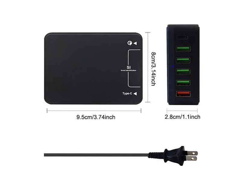 Black multi-port USB mobile phone charger with 8000mA current, 5V output and AU EU UK US model options