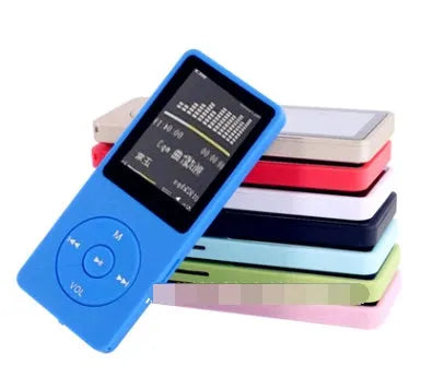 A compact 1.8-inch screen MP4 player in various colours, showing its size and display.