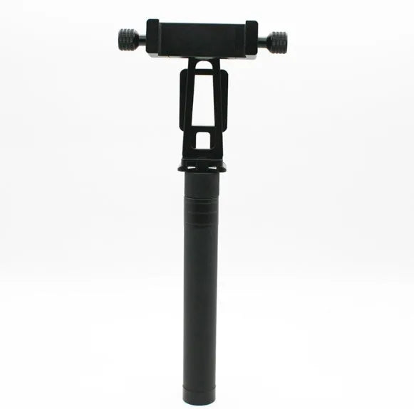 Black retractable aluminium selfie stick with phone clamp attached, shown extended and with a tripod mounted on its base.