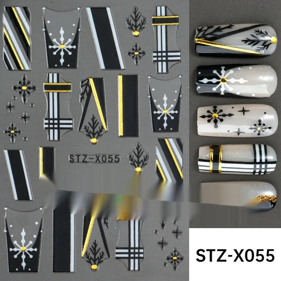 Black and silver striped cartoon pattern nail stickers with plastic application tool