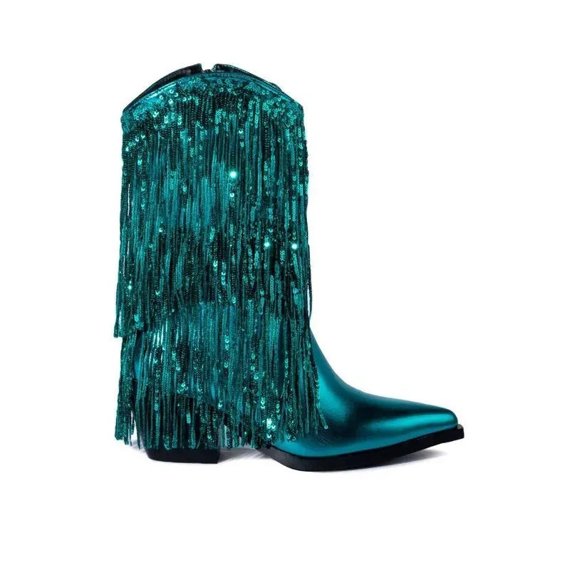 Women's black chunky heel tassel boots with pointed toe and super high stiletto heel on a white background.