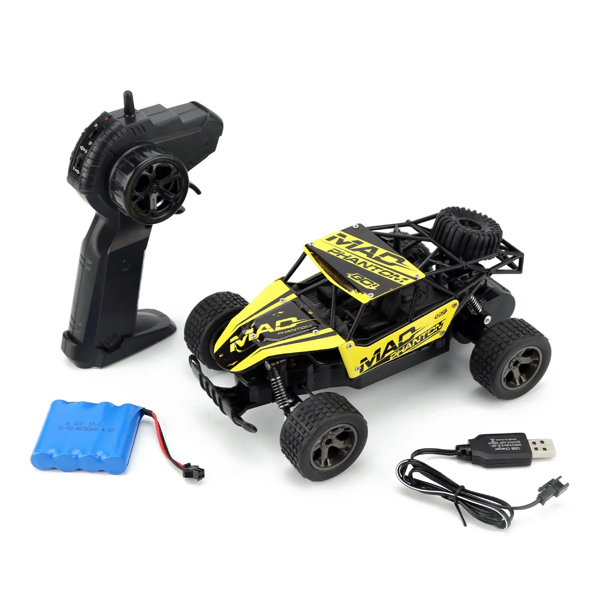 Blue 1:18 scale remote control off-road drift car with 2.4GHz remote on a grey surface.