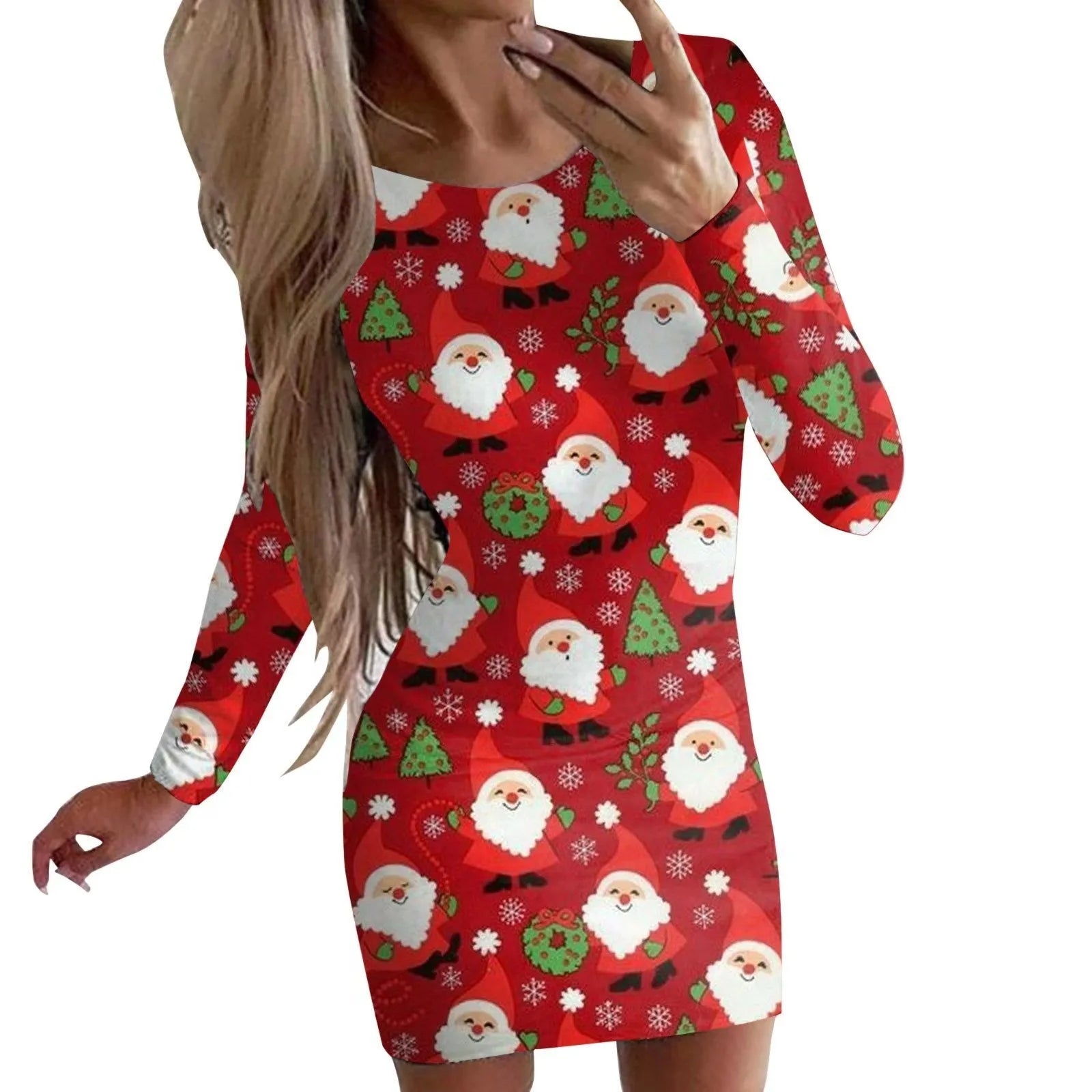 Red printed Christmas dress with animal pattern, round neck, long sleeves, and a tight-fitting hip skirt.