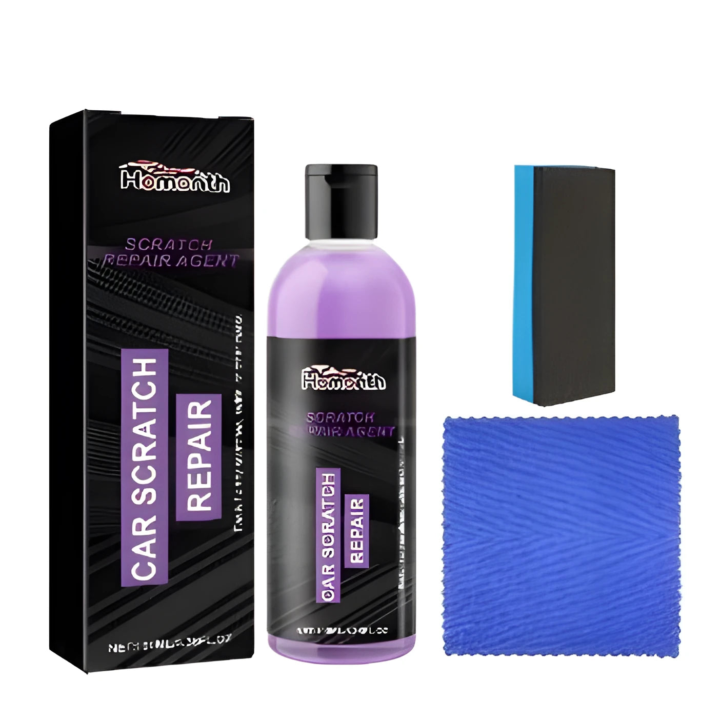 Scratch repair agent kit with 100ml bottle, microfiber cloth and sponge applicator for plastic surfaces