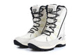 Women's black genuine leather mid-calf snow boots with a rubber sole on a white background.