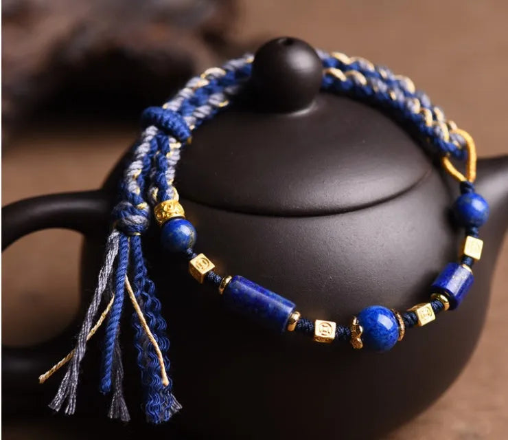 Hand-woven ethnic watch band in flexible wire with Hongfei Ebony and Lapis Lazuli colour options