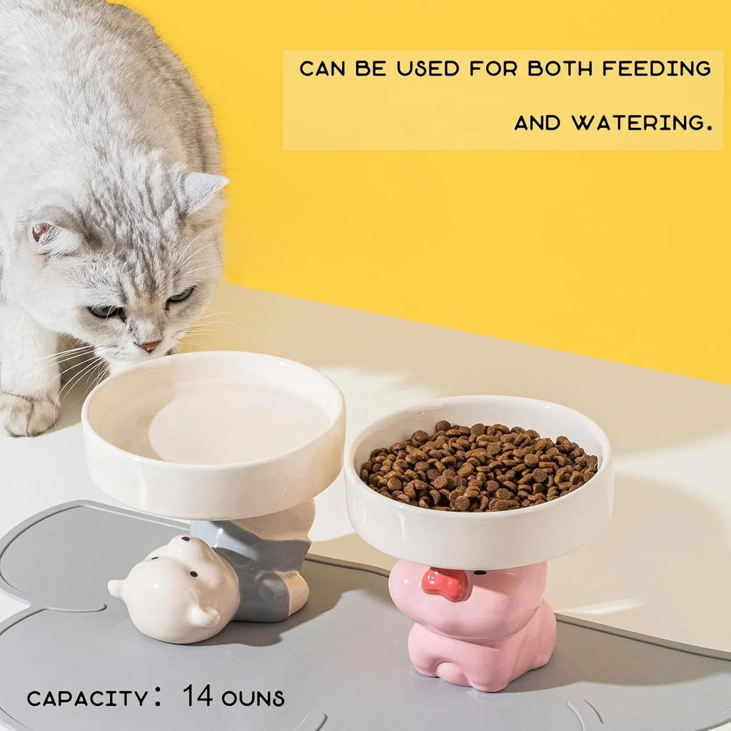 Raised ceramic cat bowl in animal design, showing 4.92-inch height and wide 15cm bowl.