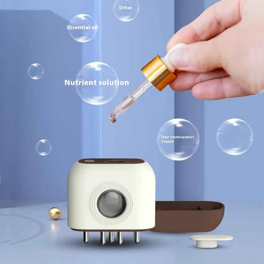 Milky white scalp medicine supplying device with red blue light and micro current, featuring 7ml reservoir and compact dimensions