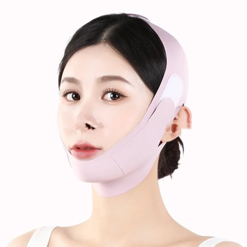Purple and green V face shaping mask for facial lifting and tightening support.