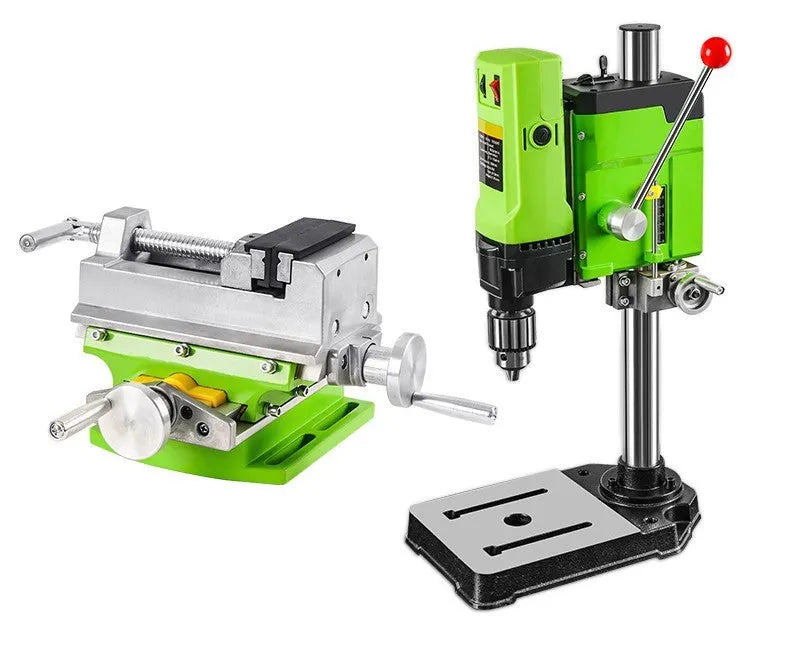 240W bench drill and milling machine on a workbench with heavy-duty steel clamping pliers.