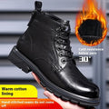 Men's black and brown leather Martin ankle work boots with square heel and rubber sole