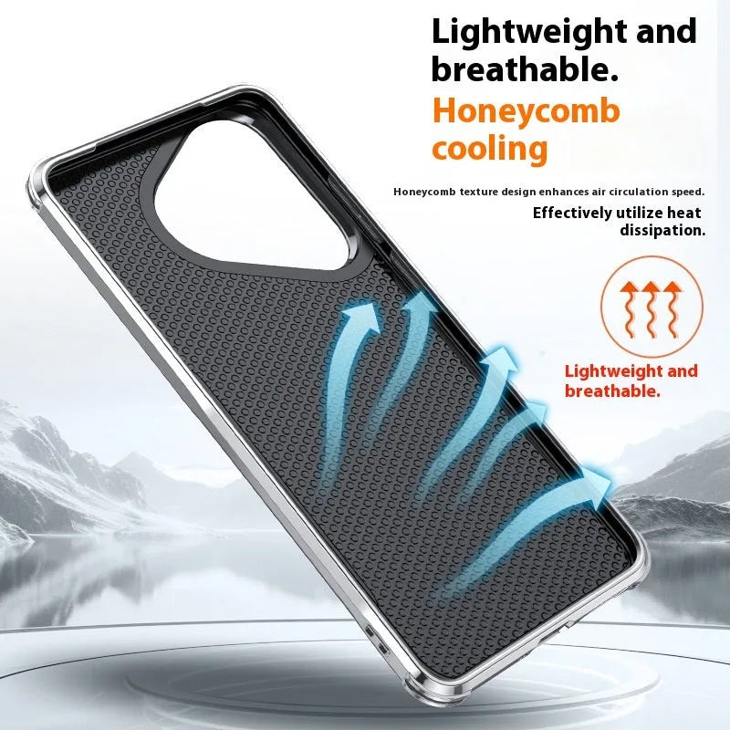 Black plain leather Huawei phone case with an invisible kickstand deployed.