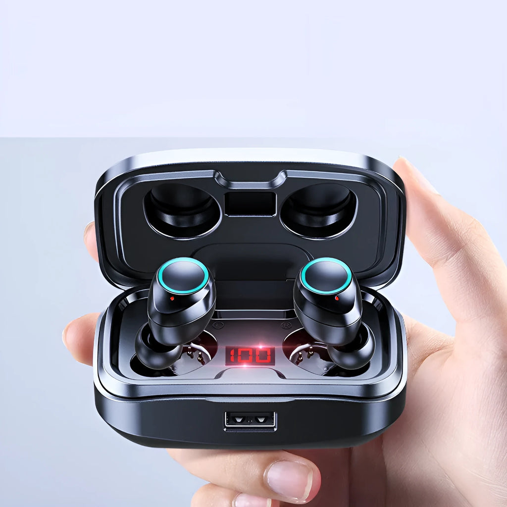 Black wireless in-ear earphones with Bluetooth 5.0 showing private mould design.
