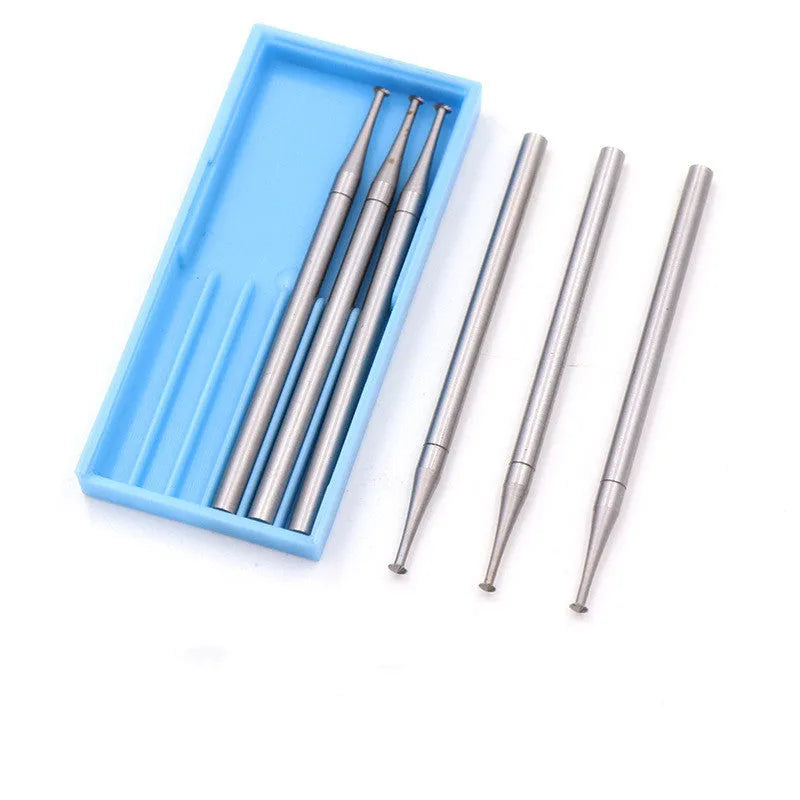 Blue box containing six tungsten steel carving cutters with thin disc needle shape and 2.35mm mandrels