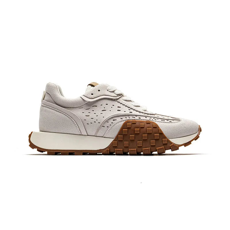 Grey retro thick-soled colour-block jogging sneakers with cloth and microfiber leather upper