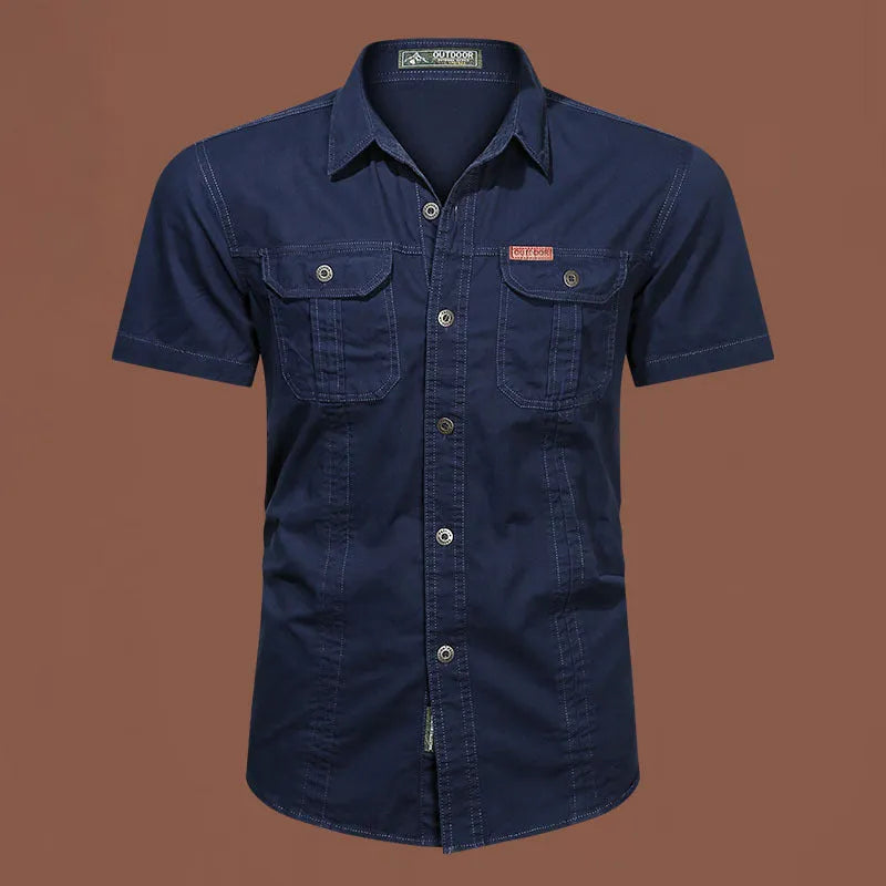 Men's short sleeve cotton work shirt in a loose cardigan style, shown in army green.