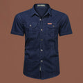 Men's short sleeve cotton work shirt in a loose cardigan style, shown in army green.
