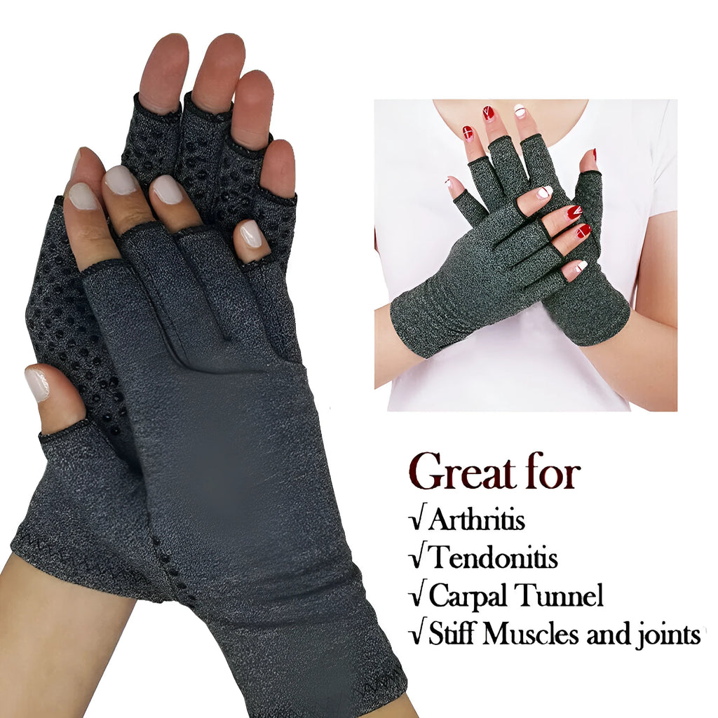 Grey half-finger joint compression gloves laid flat, showing the elastic spandex fabric and exposed fingertips.