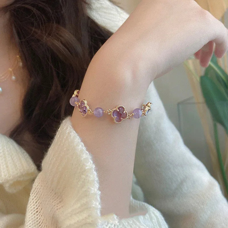 Women's electroplated artificial amethyst bracelet with four-leaf clover pendant and U-shaped bangle design