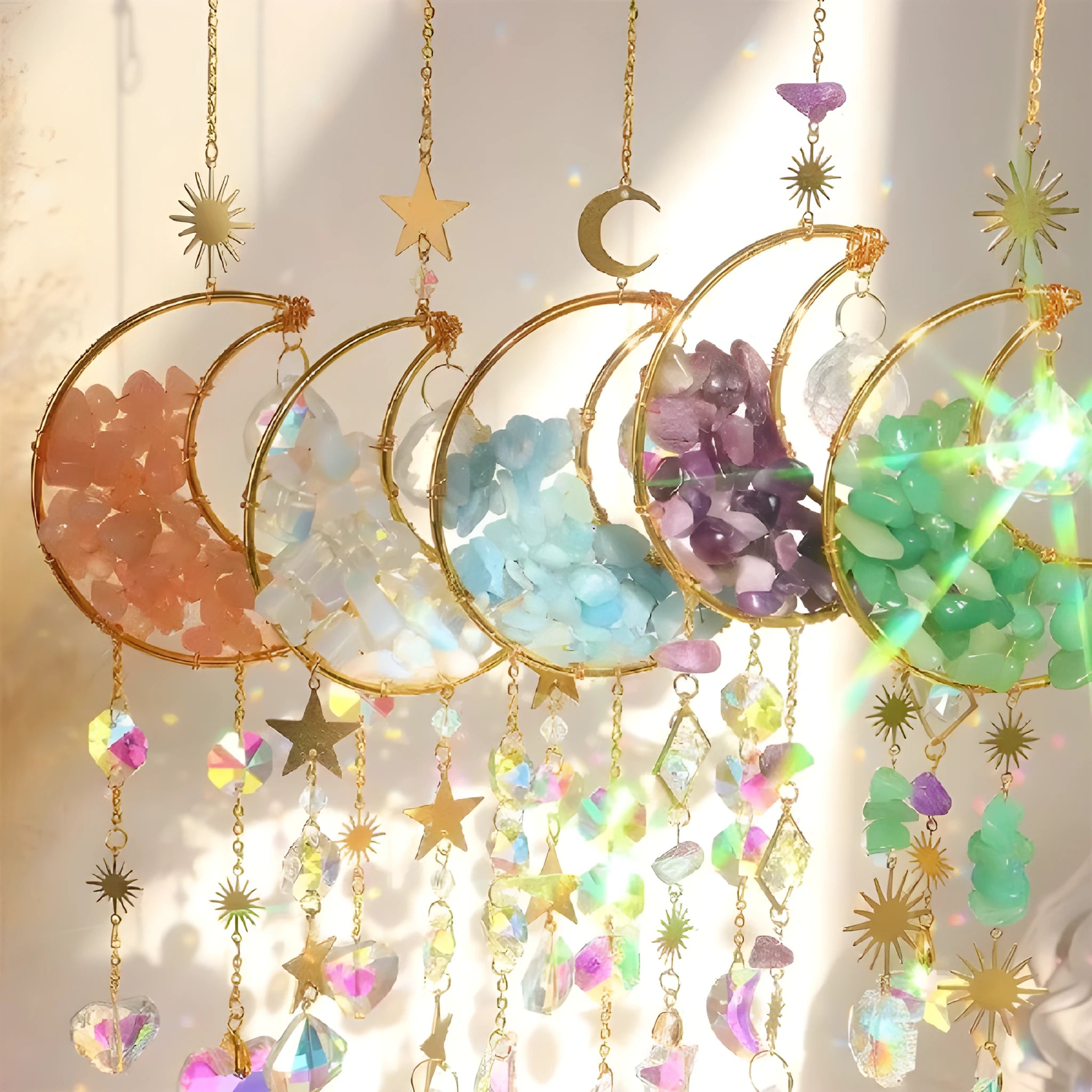 K9 crystal moon-shaped car pendant hanging, showing reflective surface in a choice of colours.