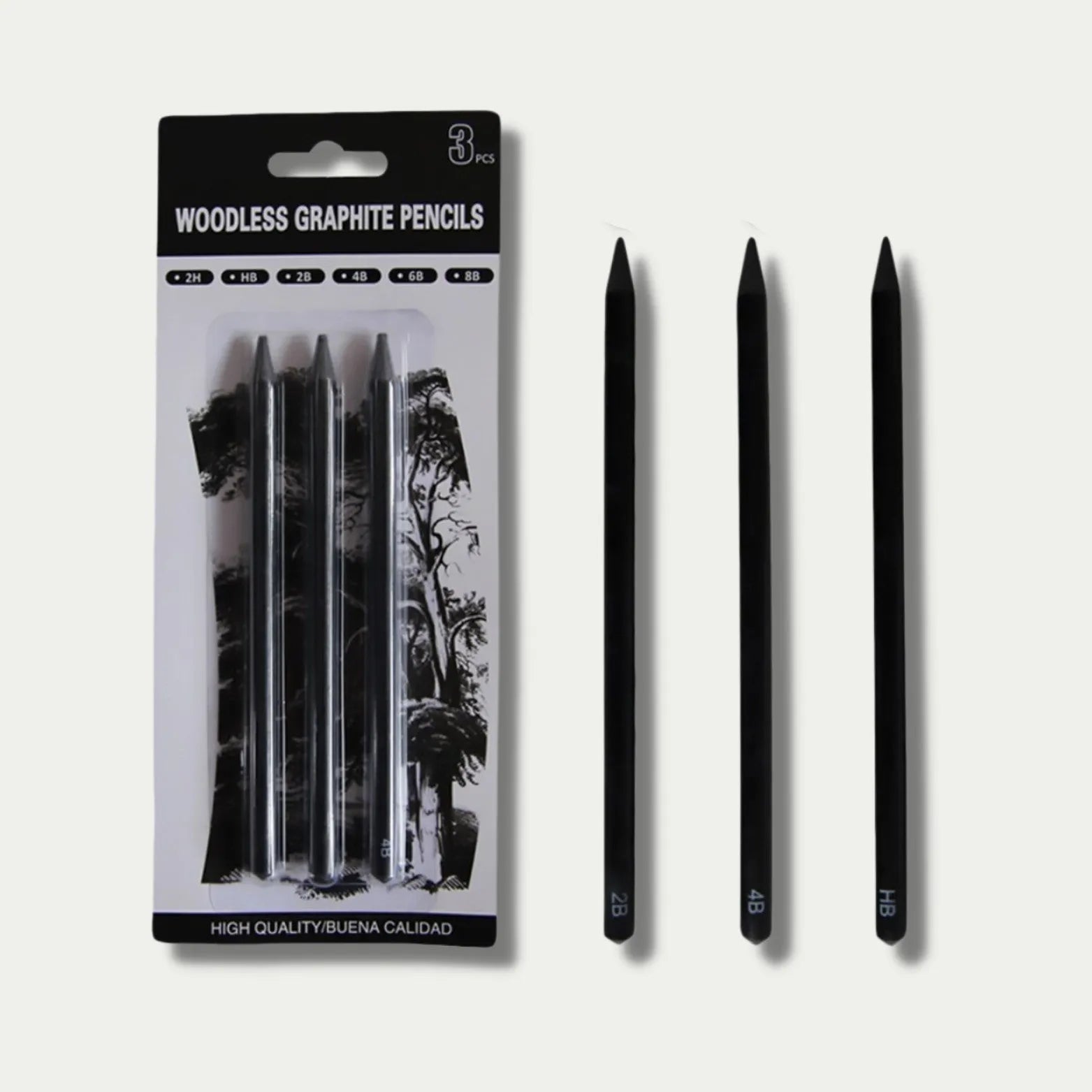 Set of wood-free graphite sketching pencils in grades HB, 2B, 4B, 6B, 8B, and EE.